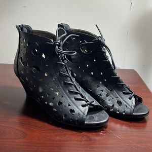 Black Cutout Wedges with Zippers and Laces Size 9